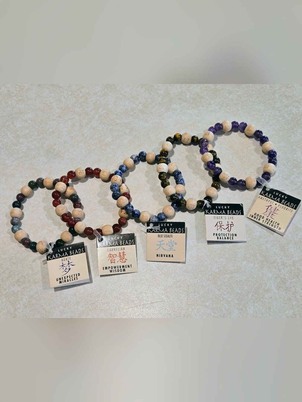 NWT Karmalogy Karma Beads: Sodalite, Carnelian, Agate, Tiger's Eye, and Amethyst